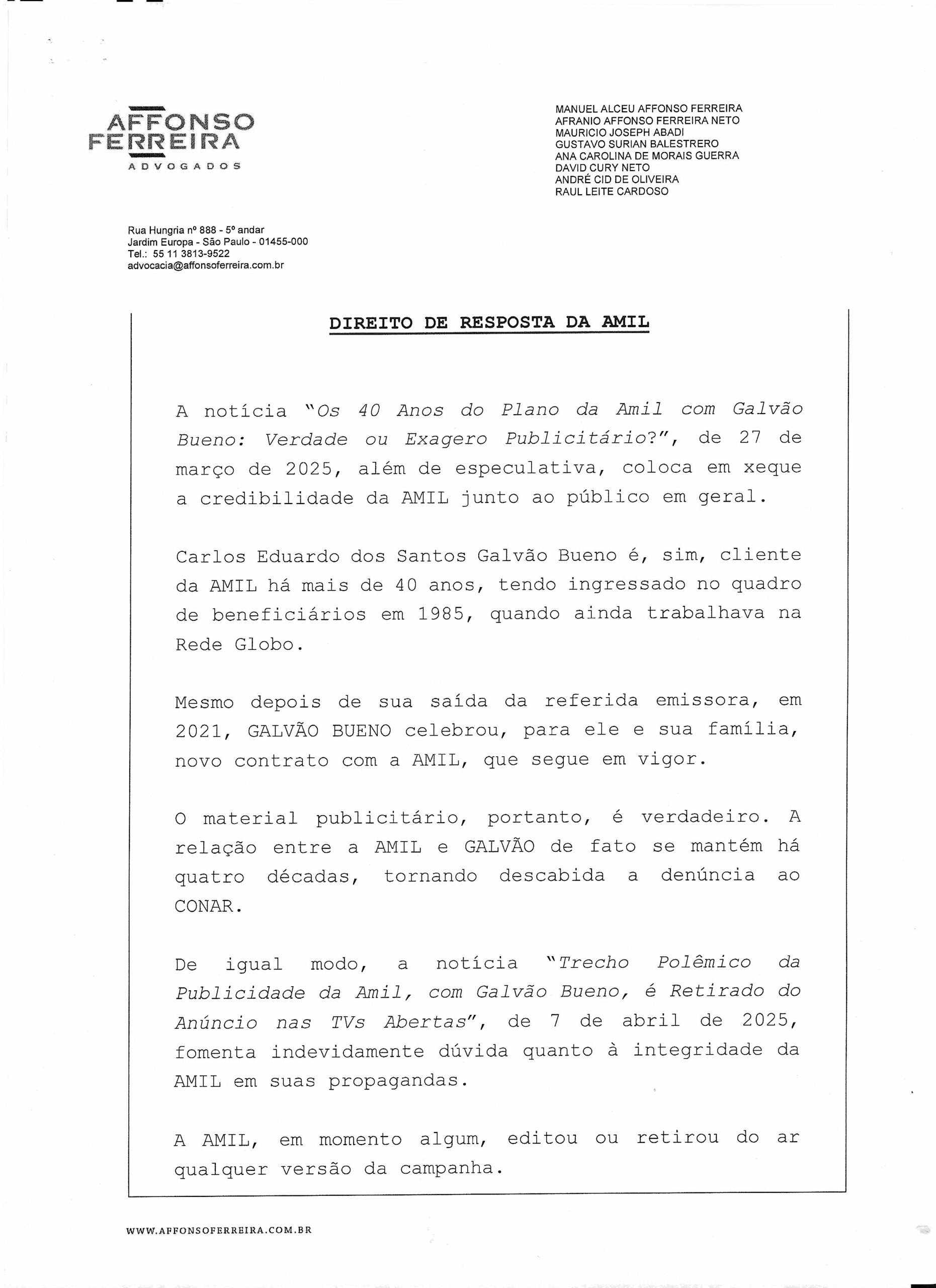 Os 40 Anos do Plano da Amil com Galvão Bueno: Verdade ou Exagero Publicitário? DIREITO DE RESPOSTA AMIL